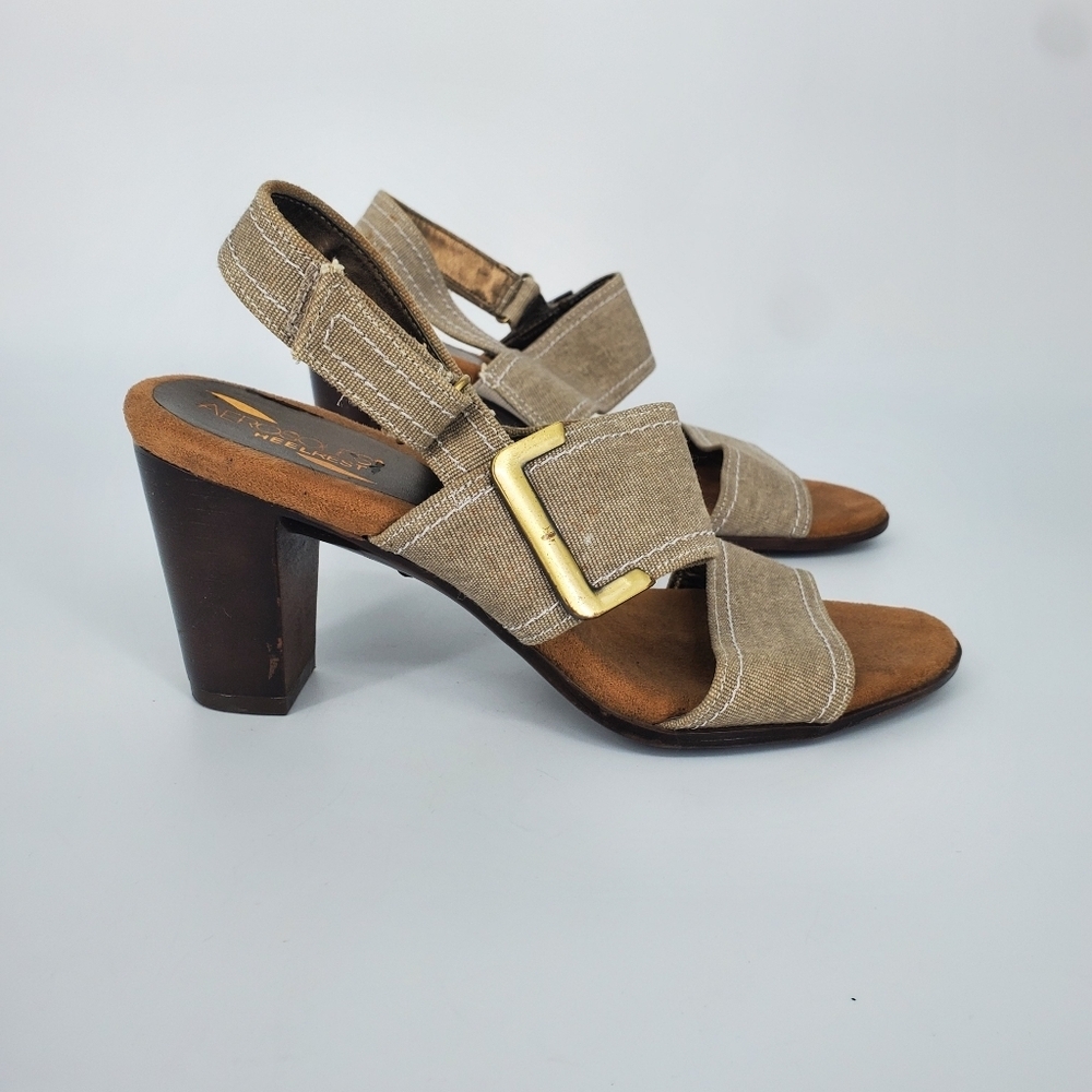 Aerosoles HEELREST Tan Canvas Block Heel Sandals Slingback Women's 8.5 M Shoes - Picture 5 of 7